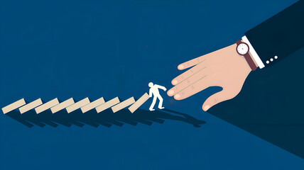 Helping Hand Prevents Businessman from Falling.  A large hand reaches out to stop a businessman from being knocked over by a falling domino effect.