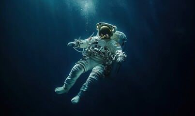 Fototapeta premium Astronaut floating in deep ocean, exploring underwater environment, wearing space suit, bubbles rising, serene atmosphere, light rays penetrating water