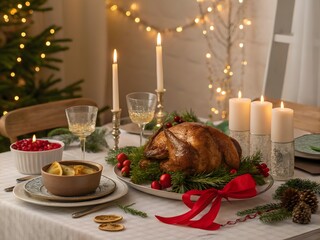 Roasted Christmas Turkey Dinner Beautifully Set Table