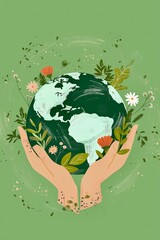 Hands holding a green earth surrounded by plants symbolizes environmental care and sustainability efforts