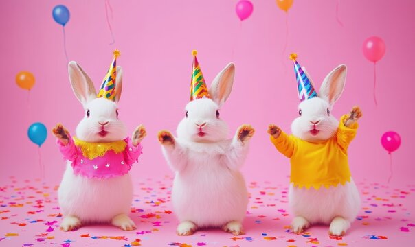 Cute rabbits celebrating birthday party with colorful hats, balloons, and confetti, joyful atmosphere, festive decorations