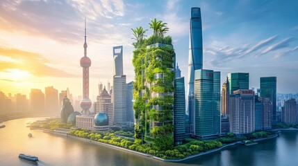 Fototapeta premium Sunrise cityscape; modern buildings, green spaces, river.