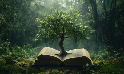 Tree Growing from Open Book in Lush Forest, Symbolizing Knowledge and Nature's Connection