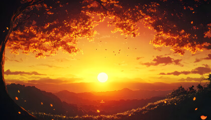 Fototapeta premium Autumnal Sunset Over Distant Mountains And Tree