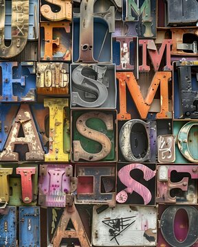 Colorful assortment of vintage metal letters showcasing various styles and sizes in an artistic arrangement