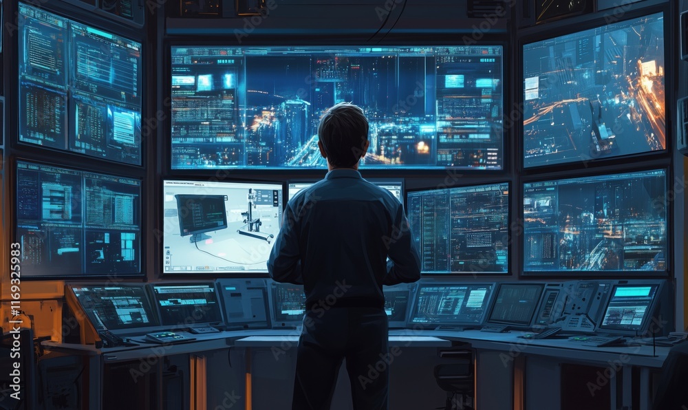 Poster high-tech control room with multiple screens displaying data analytics and cityscape at night, opera