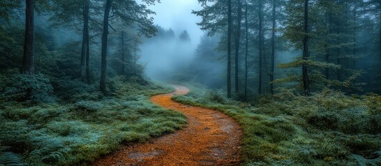 Winding path through a misty forest.