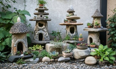 Fototapeta premium Garden landscape featuring whimsical stone structures with plants, unique decorative garden art, and lush greenery