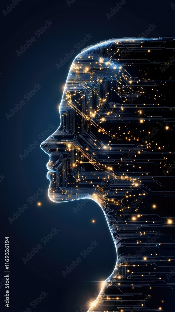 Poster an elegant ai robot in profile features glowing data streams and circuit patterns amidst digital sym