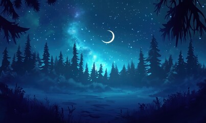 Serene Night Sky with Crescent Moon Over Enchanted Forest Landscape, Stars and Milky Way Visible