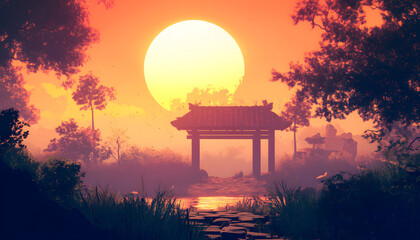 Serene Sunset Landscape Featuring Ancient Asian Gateway