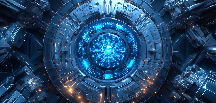 A futuristic nanotechnology circuit board with glowing blue microchips, surrounded by intricate metallic patterns, captured under a high-resolution lens.