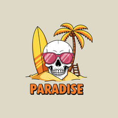 A cartoon skull wearing sunglasses rests on a sandy beach next to a surfboard and palm tree, representing a summer paradise.