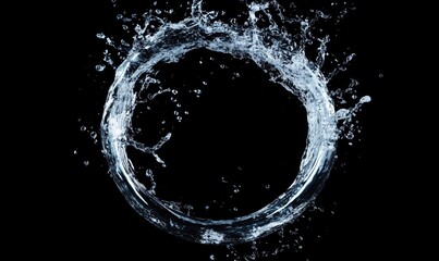 Obraz premium Water splash forming circular shape against black background, dynamic motion captured in high detail, showcasing fluidity and elegance
