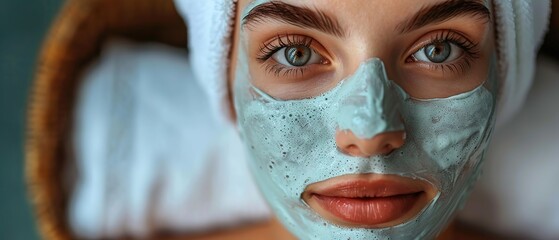 Fototapeta premium Woman enjoying professional skin care at beauty salon. Beautician at luxury spa resort applying moisturizing or peeling mask on face of young woman in white towel. 
