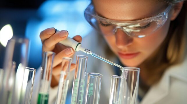 A woman in a lab coat is working with a pipette