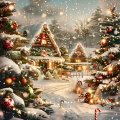 Winter wonderland with decorated houses and festive trees in a snowy landscape