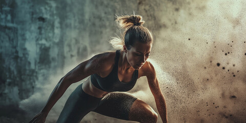A determined female athlete positioned for vigorous movement.