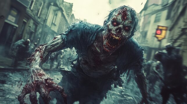 A gruesome zombie horde attacks a city street