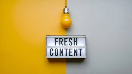 Fresh Content Idea.  A lightbox with the words "Fresh Content" and a lit lightbulb above, symbolizing new ideas and creativity.