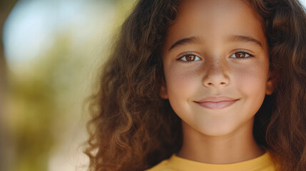 Fototapeta premium Smiling Hispanic young girl with curly hair in a sunny outdoor setting