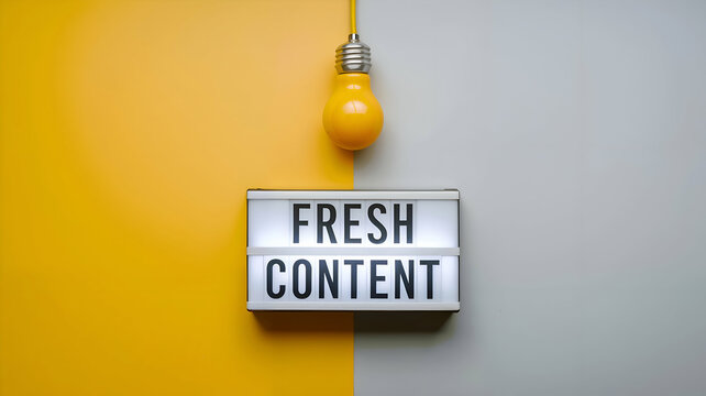 Fresh Content Idea.  A lightbox with the words "Fresh Content" and a lit lightbulb above, symbolizing new ideas and creativity.