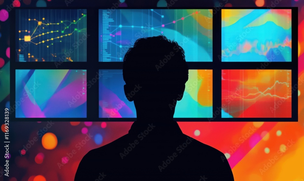 Poster data visualization analysis with colorful graphs and charts, silhouette of a person observing multip