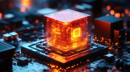 A glowing transparent cube sits atop a circuit board suggesting advanced computing power. Ideal for visualizing futuristic technology or powerful processing capabilities.