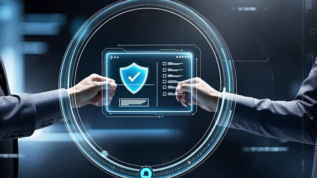 Two Hands Holding a Virtual Security Interface with Shield Icon and Data Protection Elements in a High-Tech Environment

