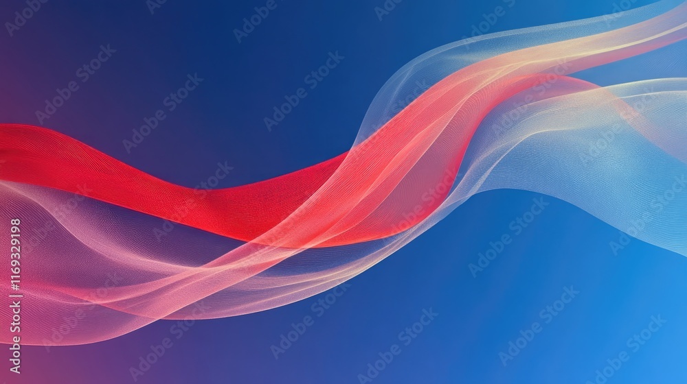 Wall mural flowing red and white translucent lines create a dynamic abstract design against a vibrant blue back
