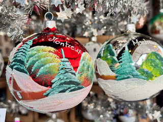 Hand painted Montreux glass Christmas ornament ball, in Switzerland at a Christmas market
