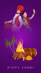 Lohri festival illustration featuring a bonfire, traditional dhol player, and Punjabi woman dancing