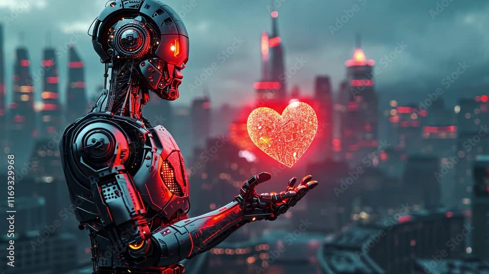 Poster a futuristic robot stands gracefully in a vibrant city, holding a luminous heart in its metallic han