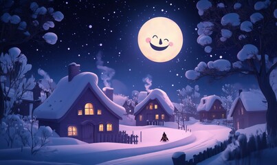 Fototapeta premium Charming winter village under smiling moonlight, cozy houses with snow-covered roofs, twinkling stars, serene atmosphere, festive spirit, peaceful night