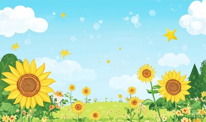 Vibrant sunflower field under blue sky with fluffy clouds and sparkling stars, cheerful landscape with bright yellow flowers and green foliage