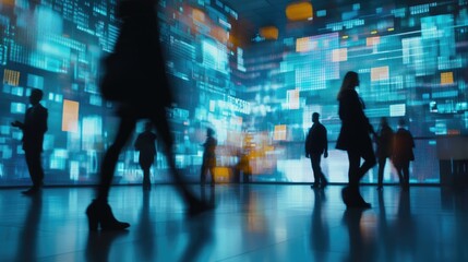 Blurred people in motion in front of a digital stock market display with graphs.