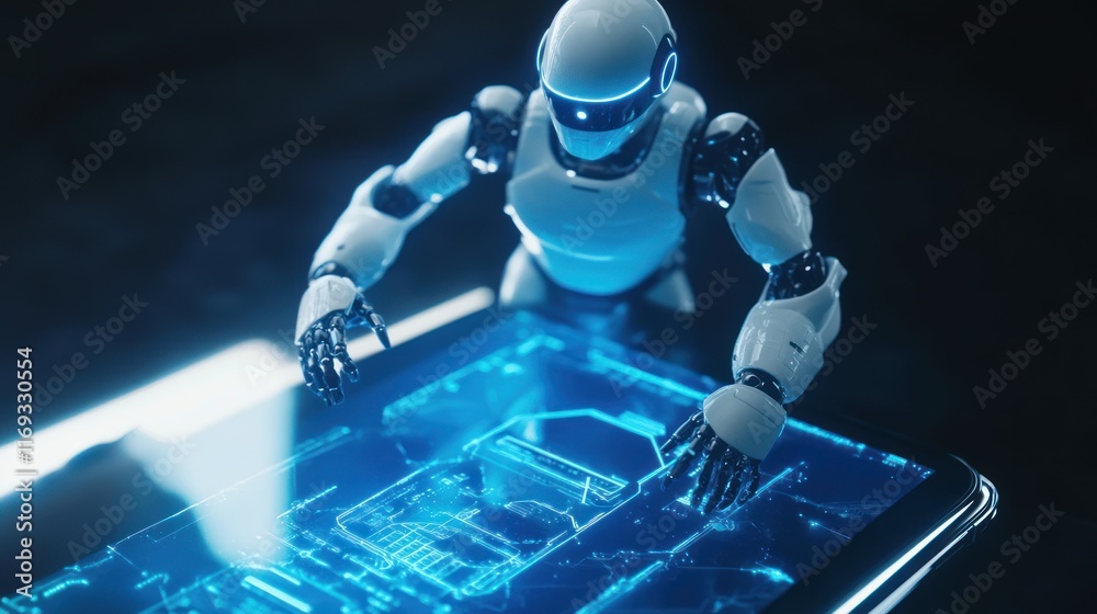 Fototapete A futuristic robot interacting with a holographic interface displaying digital information.
