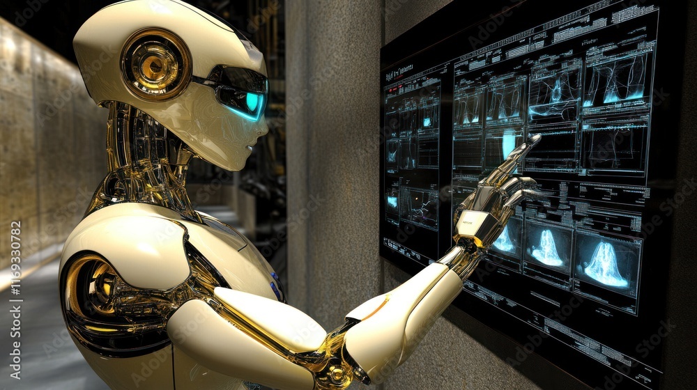 Poster a futuristic robot interacting with a digital display, analyzing data.
