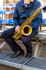 Band musicians with their instruments on the street. Typical music bands in Spain.