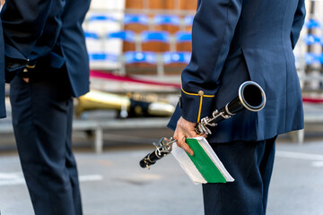 Band musicians with their instruments on the street. Typical music bands in Spain.