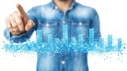 A person interacts with a holographic bar graph. This image represents data analysis, business growth, and technological advancement. Ideal for presentations or websites related to finance, statistics