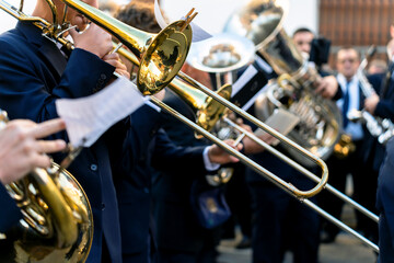Band musicians with their instruments on the street. Typical music bands in Spain.