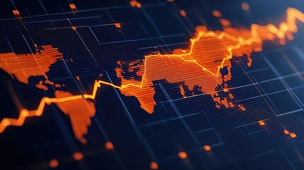 A world map with an orange line graph depicts global market trends. Ideal for business presentations and financial reports.