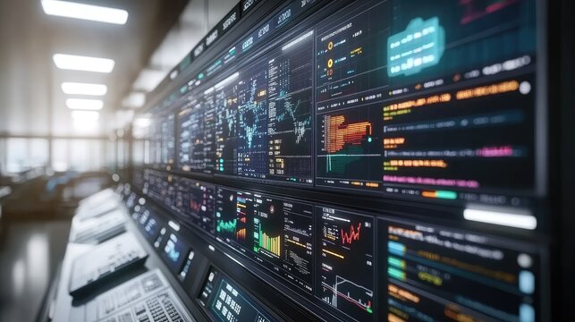A futuristic control room with multiple screens displaying complex data visualizations. Ideal for monitoring network operations, financial markets, or scientific research.