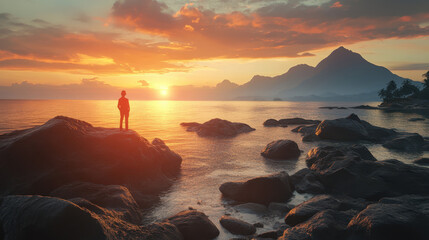 Silhouette of man on rocky shore watching dramatic sunset over mountains