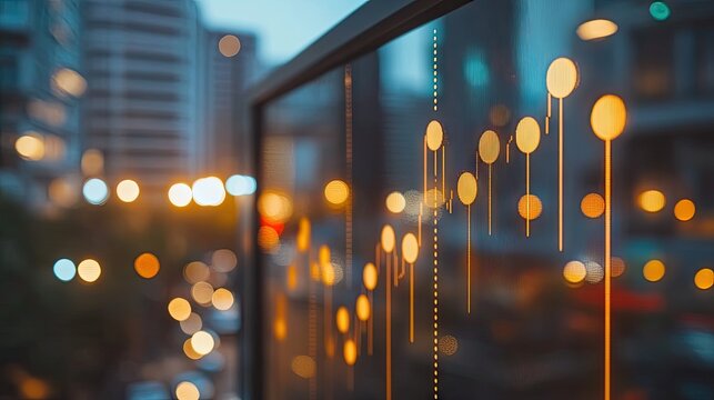 A blurred city backdrop with an overlaid digital display showing an upward-trending line graph. This image represents financial growth and urban development. - Powered by Adobe