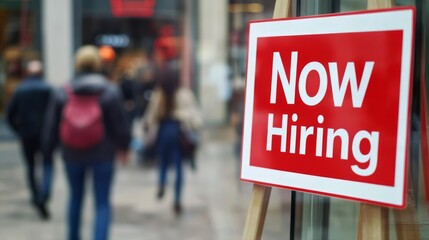 Now Hiring Sign in Busy City Street - Job Opportunities Await