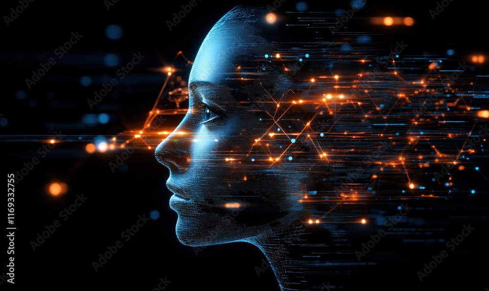 Poster digital human profile with glowing neural connections and data streams, representing artificial inte