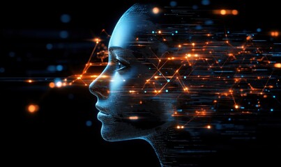 Digital human profile with glowing neural connections and data streams, representing artificial intelligence and technology integration