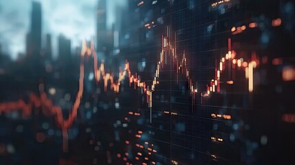 A dynamic candlestick chart displays market fluctuations against a blurred cityscape. Ideal for financial analysis presentations or investment platform interfaces.